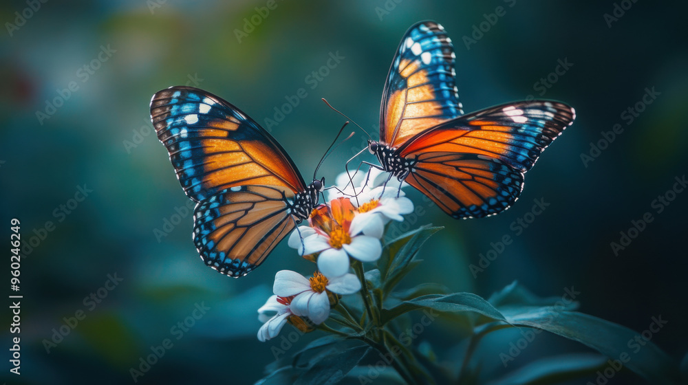 Fototapeta premium A pair of butterflies interacting on a blooming flower, their wings creating a beautiful contrast