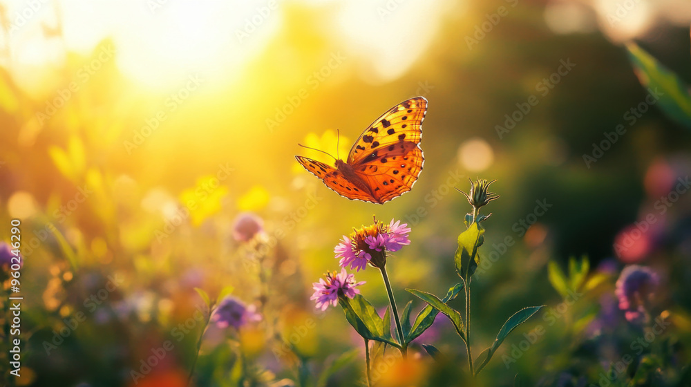 Butterfly gracefully hovering above a wildflower in a sunlit meadow Butterfly gracefully hovering above a wildflower in a sunlit meadow