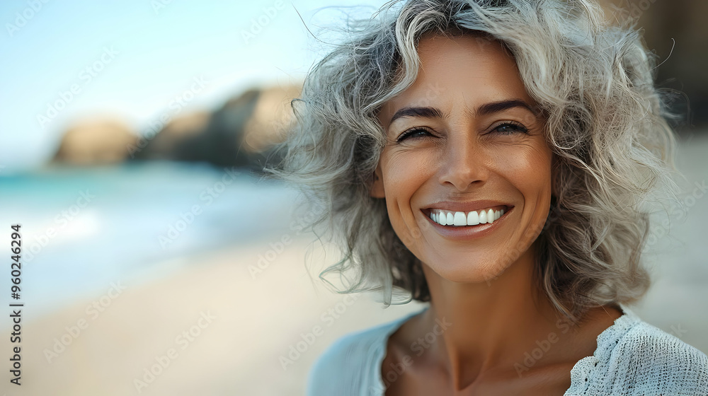 A smiling woman with curly hair on a beach. A smiling woman with curly hair on a beach.