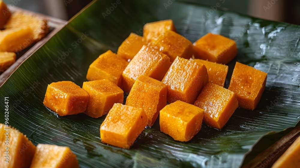 Sweet Mango Cubes on Banana Leaf Sweet Mango Cubes on Banana Leaf