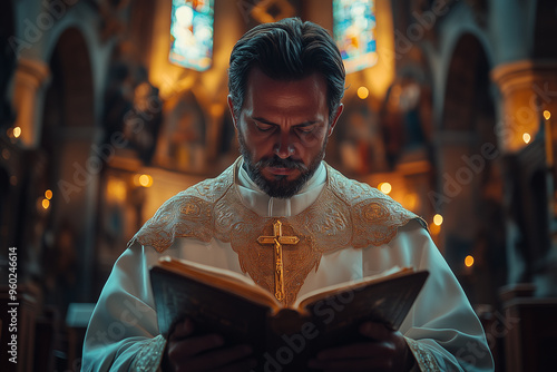 Photograph of a priest standing in a church reading scriptures