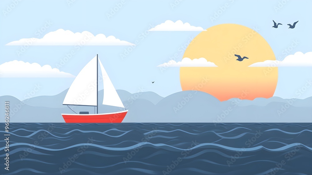 Naklejka premium A flat design of a sailboat on the ocean with a simple background