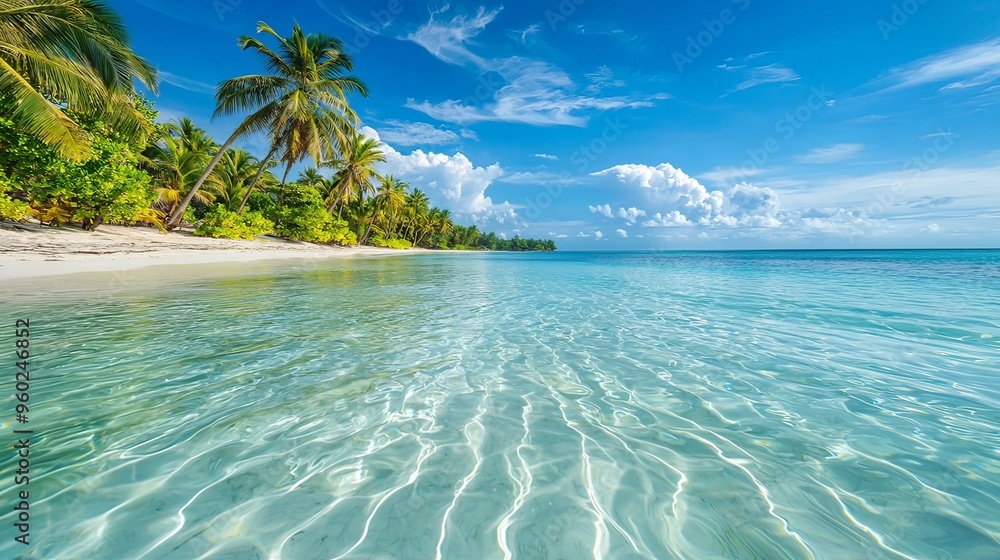 Fototapeta premium Breathtaking Tropical Paradise Beach with Crystal Clear Waters and Swaying Palm Trees