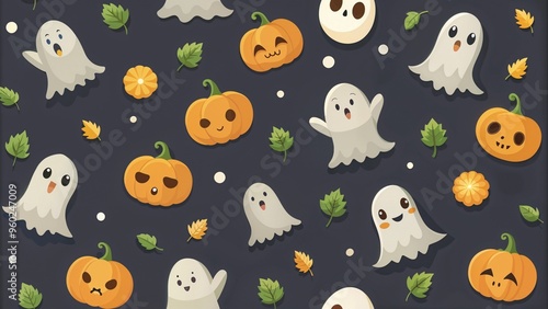 Pattern of Halloween Ghosts and Pumpkins seamless