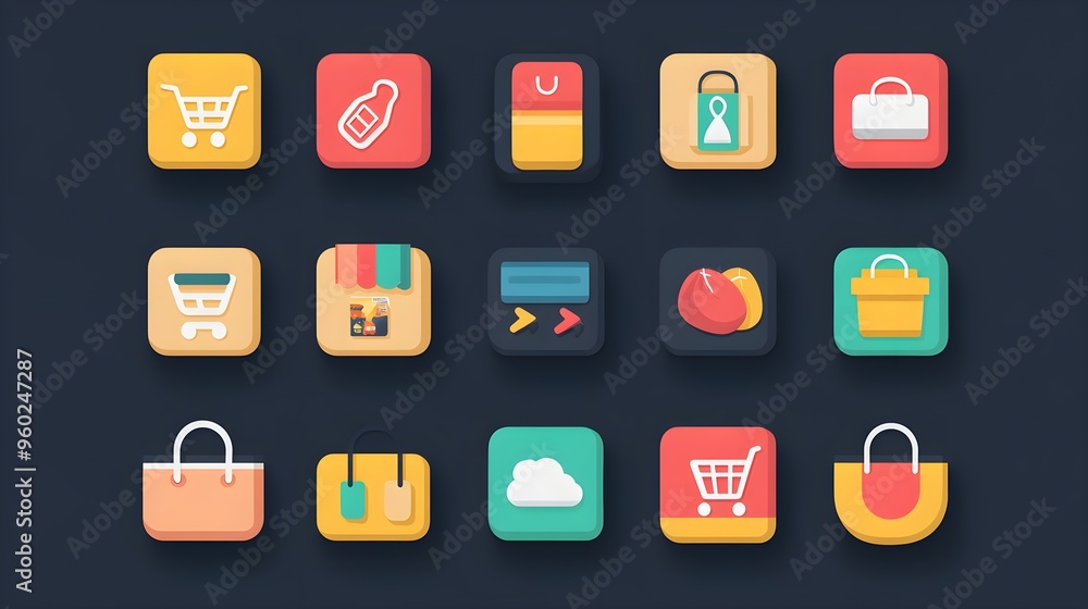 Flat design of a shopping app with cart, wishlist, and payment icons Flat design of a shopping app with cart, wishlist, and payment icons