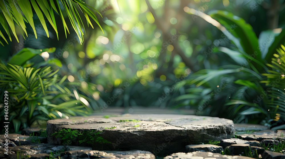 Stone podium on rock platform 3d illustration, product display stand on grey rock pedestal, green forest and blurred background, natural scenery landscape. Stone podium on rock platform 3d illustration, product display stand on grey rock pedestal, green forest and blurred background, natural scenery landscape.