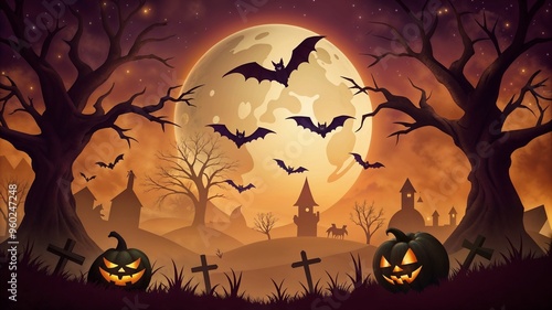 the cemetery in the forest with pumpkins, a full moon, bats and fog. Pumpkins In Graveyard In The Spooky Night, Halloween Backdrop.