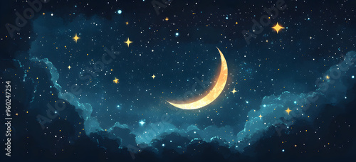 Flat design of a night sky with a crescent moon and stars