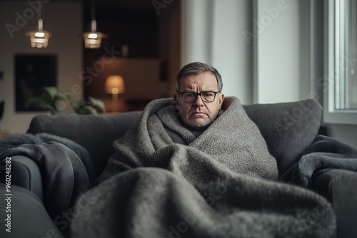 Man wrapped in a blanket, feeling under the weather, suffering from flu or cold symptoms, sitting on a couch.