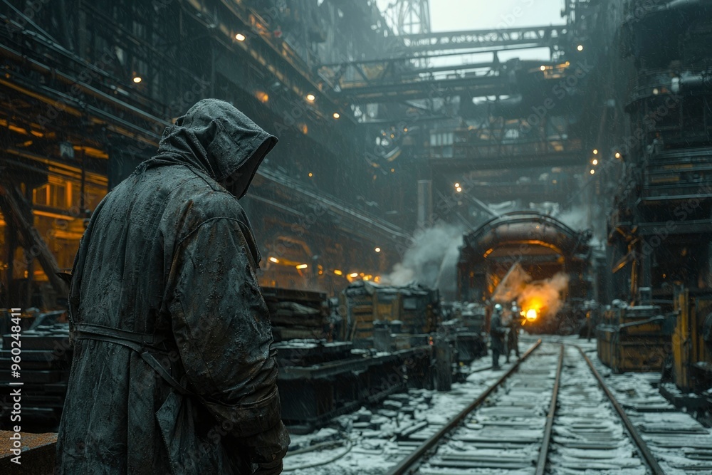 A lone figure in a hooded coat stands on a snow-covered train track in a foggy industrial setting. A lone figure in a hooded coat stands on a snow-covered train track in a foggy industrial setting.