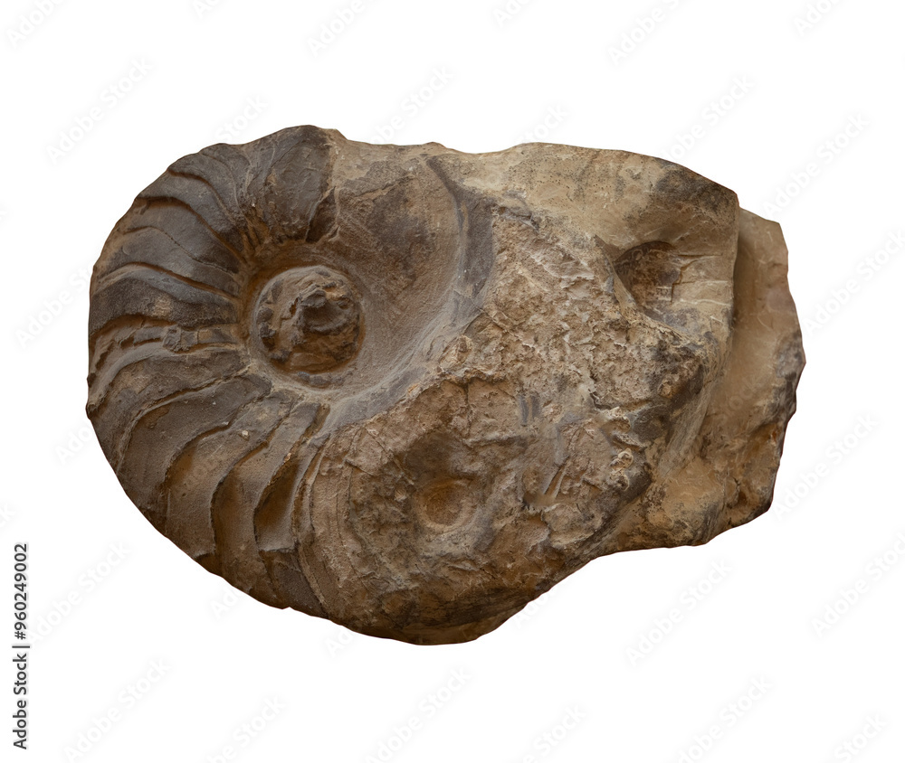 fossil of Ammonite in the stone on white, isolated fossil of Ammonite in the stone on white, isolated