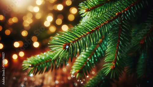 A pine tree branch with droplets of water showcasing vibrant green needles. The background features soft blurred bokeh lights in warm tones a festive atmosphere