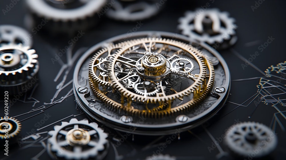 Intricate Silver Metallic Gears on Dark Backdrop in Steampunk Style Intricate Silver Metallic Gears on Dark Backdrop in Steampunk Style