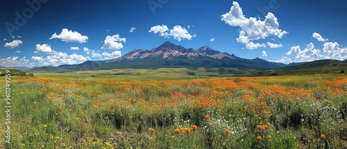 Mountainous Landscape with Wildflowers and a Blue Sky photo