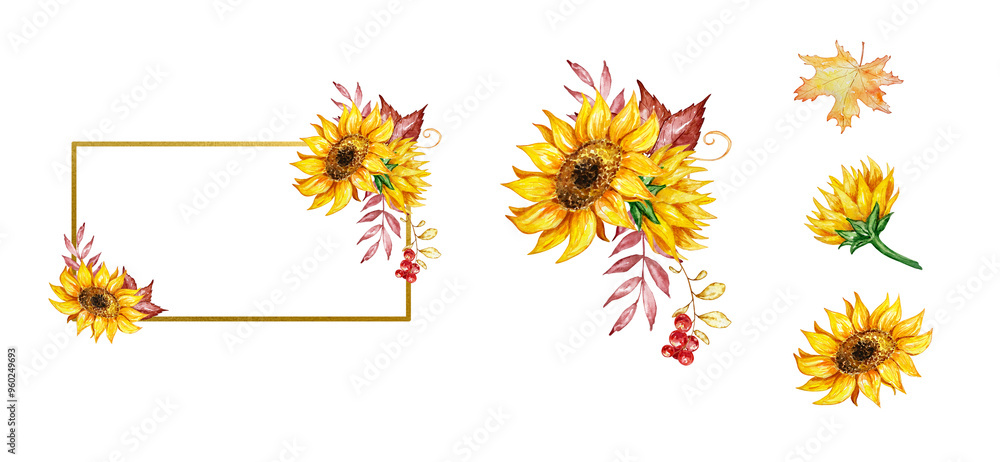 Watercolor autumn gold frames set with sunflowers and fall leaves Watercolor autumn gold frames set with sunflowers and fall leaves