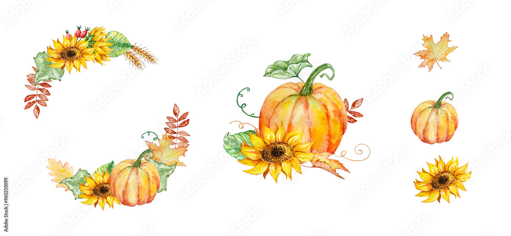 Fototapeta premium Watercolor autumn wreath set with pumpkins and fall leaves