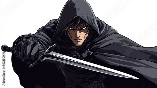 Cartoonized male rogue thief wielding weapon in action - fantasy character illustration
