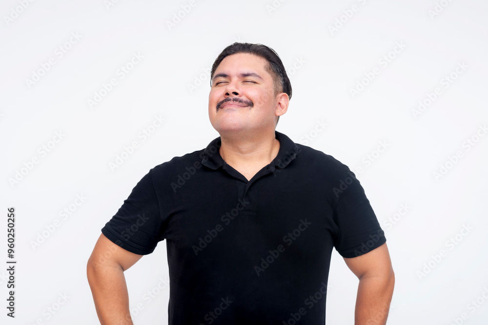 A happy middle-aged man smelling the nice aroma of delicious food nearby. Inhaling the rich smells of a sumptuous meal. Isolated on a white background. A happy middle-aged man smelling the nice aroma of delicious food nearby. Inhaling the rich smells of a sumptuous meal. Isolated on a white background.