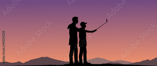 Vektor Körper Silhouette - Vater und Sohn - Selfie mit dem Selfiestick - Gemeinsame Zeit in der Natur - Landschaft mit Bergen - Reise und Urlaub
