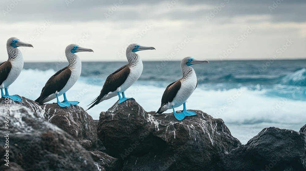 Blue-footed boobies perched on rocks, showcasing their striking blue feet against the backdrop of the ocean. Blue-footed boobies perched on rocks, showcasing their striking blue feet against the backdrop of the ocean.