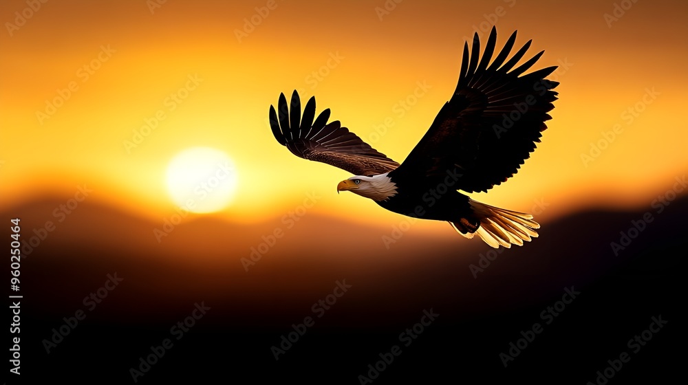 Fototapeta premium Majestic Eagle Flying Over Mountains at Sunrise