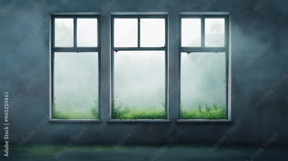 Three large windows in an abandoned building, with misty views of the overgrown outside, evoke a sense of isolation and mystery. Three large windows in an abandoned building, with misty views of the overgrown outside, evoke a sense of isolation and mystery.