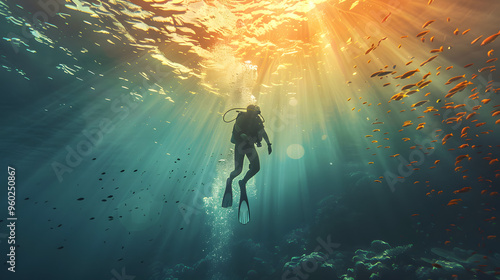 Wallpaper Mural Silhouette of a scuba diver underwater, surrounded by bubbles, with light rays penetrating from the surface. Ocean exploration concept Torontodigital.ca