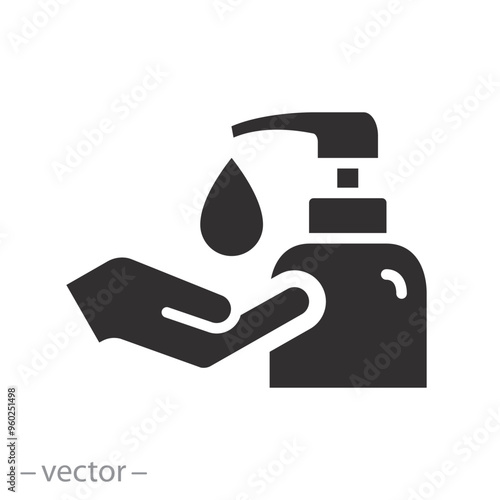 disinfect antimicrobial gel icon, hand wash with alcohol sanitiser, dispenser bottle, liquid soap, flat vector illustration