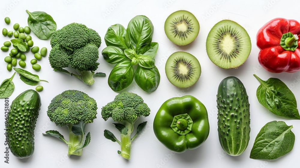 Green vegetables, fruits: peppers, cucumbers, beans, parsley, broccoli, kiwi isolated on white background Top view Flat lay Healthy eating concept Local organic farms food Green vegetables, fruits: peppers, cucumbers, beans, parsley, broccoli, kiwi isolated on white background Top view Flat lay Healthy eating concept Local organic farms food