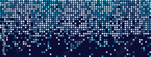 Digital backdrop with dissolving rectangular dots and gradient mosaic texture. Dark abstract background made of blue pixels. ector illustration of a grid of geometric square elements.