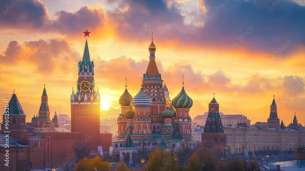 Fototapeta premium Moscow skyline at sunset with iconic Kremlin towers and St. Basil's Cathedral in the foreground.