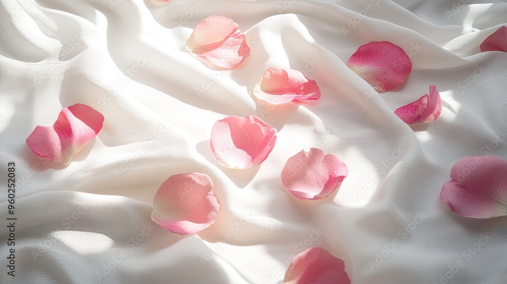 Delicate pink petals spread across white fabric, with natural light casting gentle shadows, creating a soft, elegant composition Delicate pink petals spread across white fabric, with natural light casting gentle shadows, creating a soft, elegant composition
