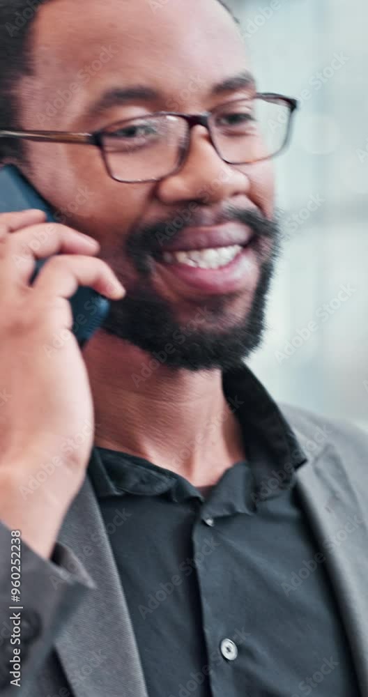 Black man, phone call and talking to contact, smile and feedback on financial report and tax preparation. Listening, office and schedule of meeting, accountant or person with advice for investment Black man, phone call and talking to contact, smile and feedback on financial report and tax preparation. Listening, office and schedule of meeting, accountant or person with advice for investment