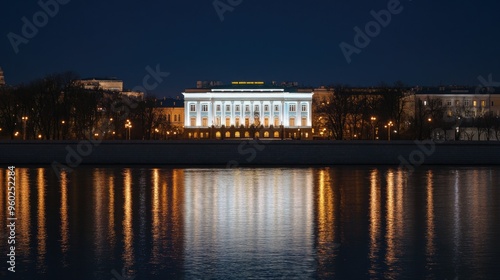 Night view of the Russian White House, seat of the government, with reflections on the river.