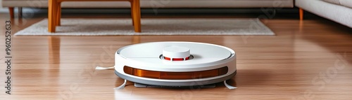 Robotic vacuum cleaning a modern, spacious living room, smart home maintenance, minimalistic interior, sleek design, and clean lines