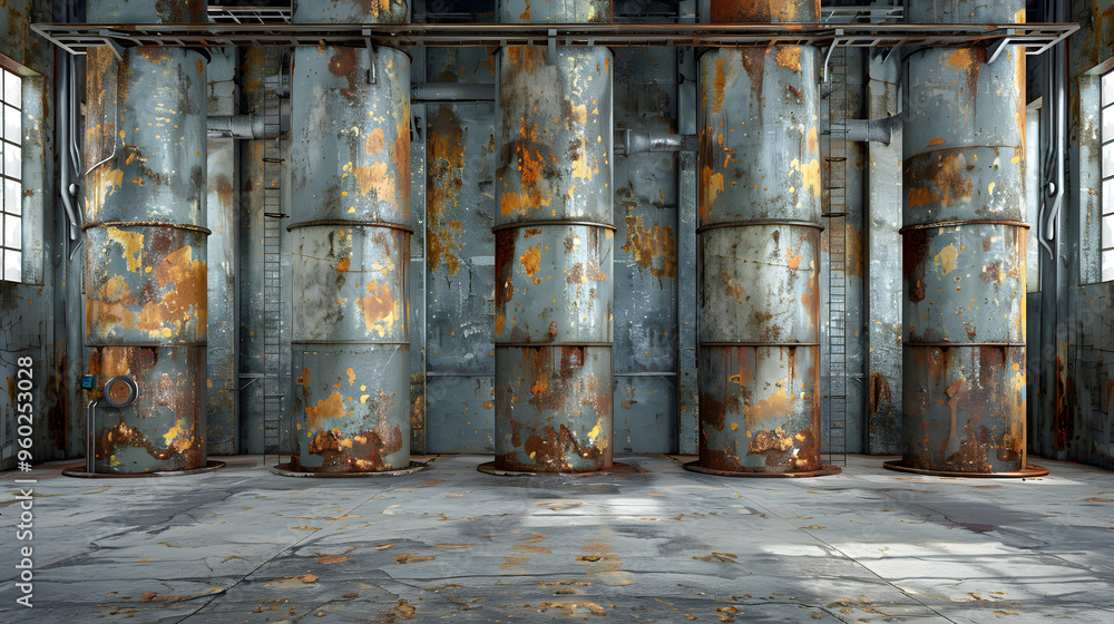 3D illustration Rusty industrial sci-fi scene in dieselpunk style Abandoned factory of the future High quality photo 3D illustration Rusty industrial sci-fi scene in dieselpunk style Abandoned factory of the future High quality photo