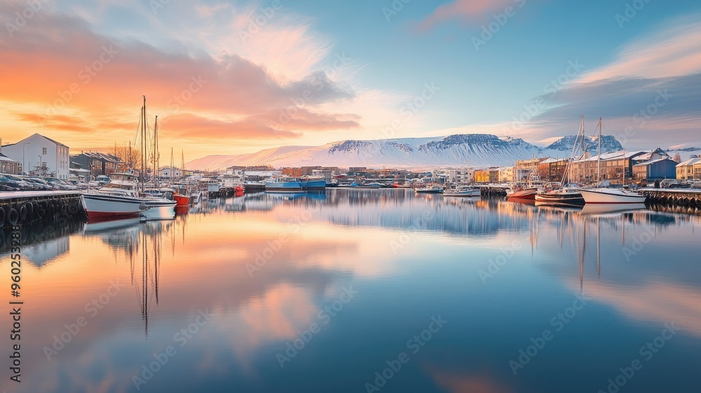 Reykjavik harbor at sunrise, boats docked and the calm waters reflecting the light. Reykjavik harbor at sunrise, boats docked and the calm waters reflecting the light.