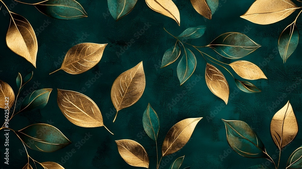 Metallic Gold Leaf Pattern on Rich Green Botanical Background for Eco-Friendly Branding Metallic Gold Leaf Pattern on Rich Green Botanical Background for Eco-Friendly Branding