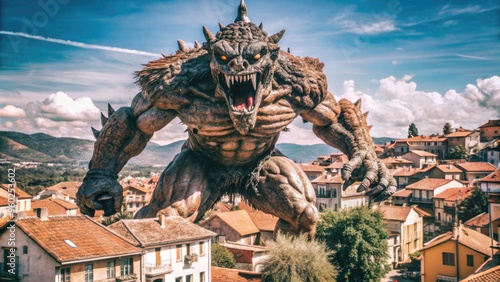 Giant monster rampaging through a medieval town, fantasy, attack, destruction, creature, ancient, village, chaos, danger, battle photo