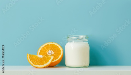 Refreshing Contrast: Yogurt and Orange on White Shelf