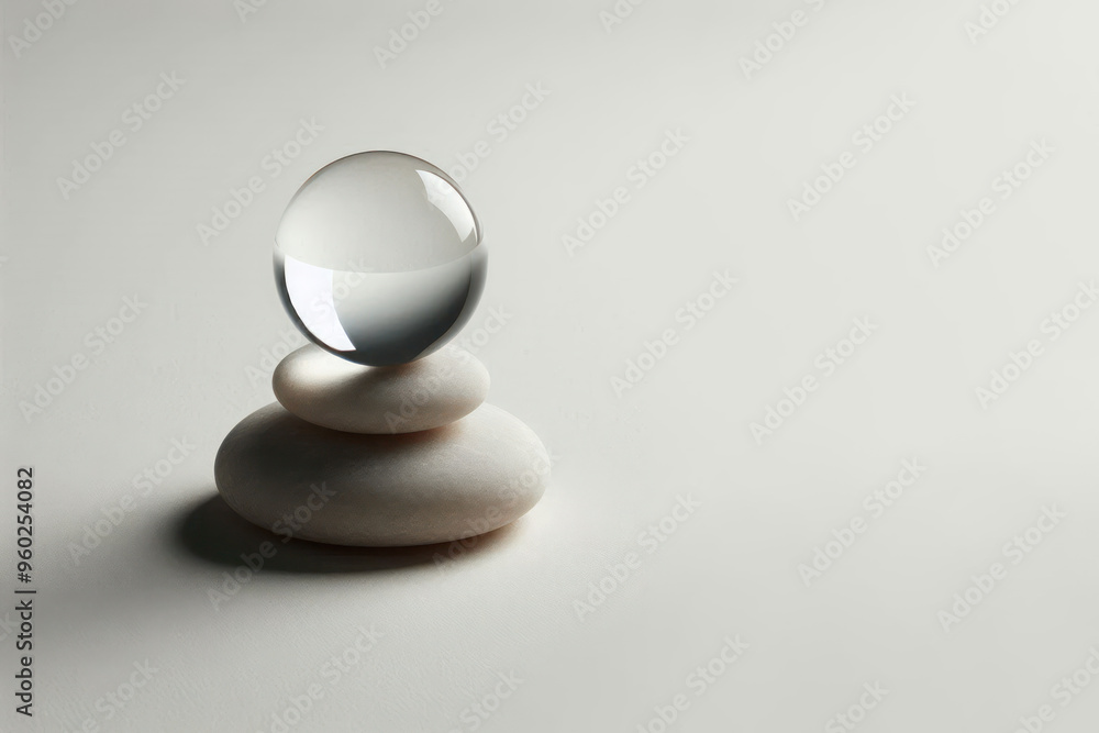 A glass ball lying on smooth stones. Space for text. A glass ball lying on smooth stones. Space for text.