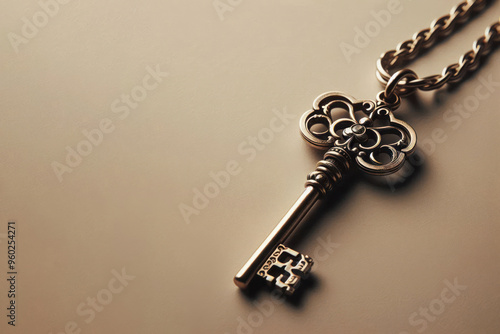 An antique key on a chain. Space for text.