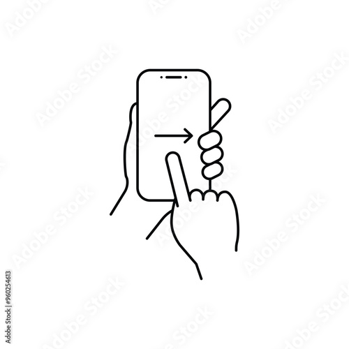 Vector linear phone and technology icons with hand gesture swipe with one finger from left to right side on smartphone touchscreen | flat design thin line modern