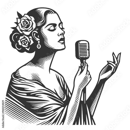 Fado singer Portugal Latina Singer with Vintage Microphone sketch engraving generative ai fictional character vector illustration. Scratch board imitation. Black and white image.