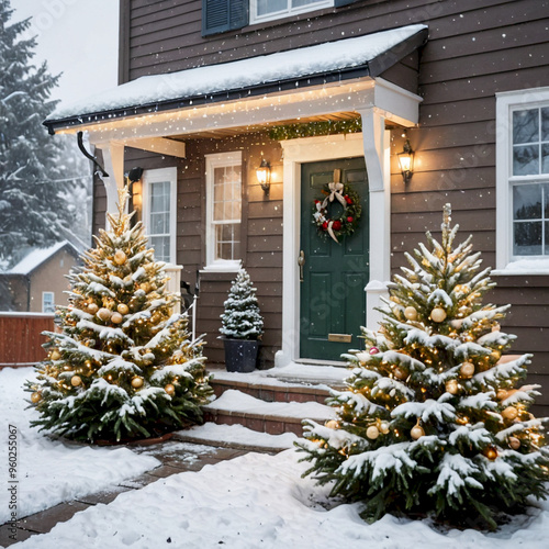 Christmas decorations outside the house with a Christmas tree outside and snow falling Design Very Cool