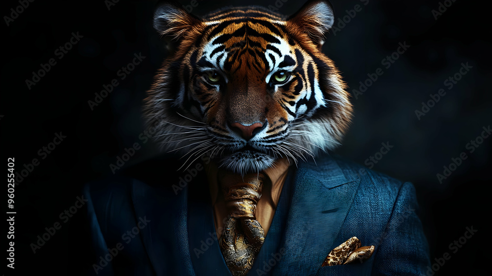 A tiger's head merged with a suited human body, exuding power. A tiger's head merged with a suited human body, exuding power.
