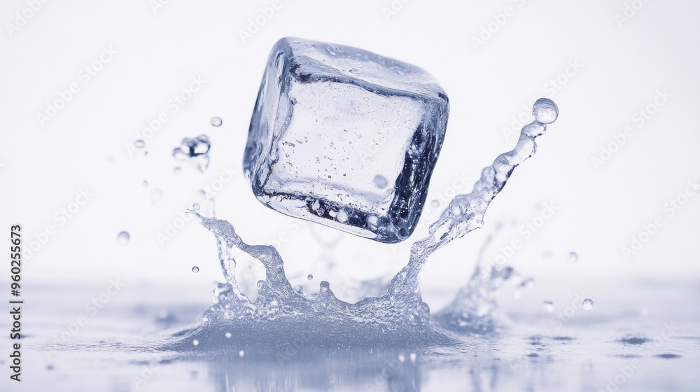 Falling ice cube perfectly isolated on white, with sharp focus and full depth of field, emphasizing its transparency and coolness. Falling ice cube perfectly isolated on white, with sharp focus and full depth of field, emphasizing its transparency and coolness.