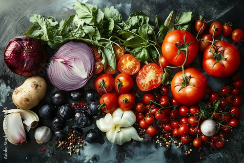 Fresh Produce Arrangement with Tomatoes, Onions, Garlic, and Basil photo