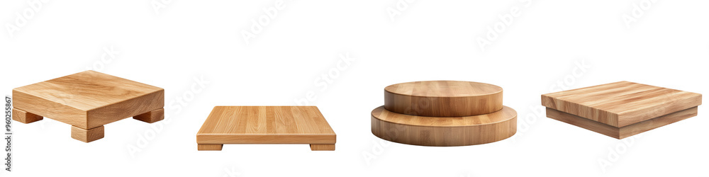Set of wooden display bases in various shapes, perfect for showcasing products or decorative items elegantly. isolated on a transparent background Set of wooden display bases in various shapes, perfect for showcasing products or decorative items elegantly. isolated on a transparent background