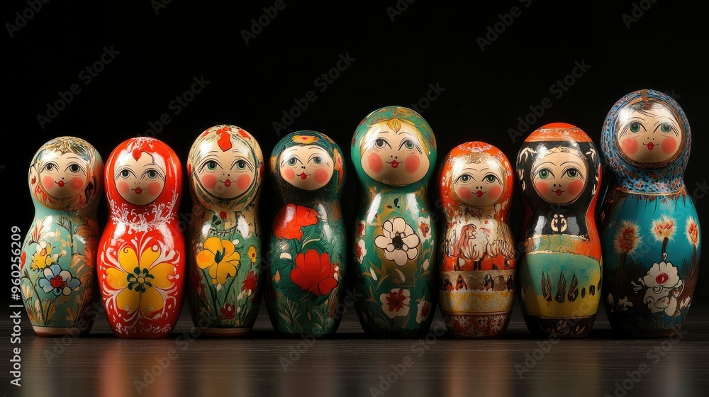 Fototapeta premium Russian matryoshka dolls arranged in a line, showcasing traditional patterns and colors.